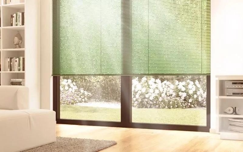 Wohnzimmerfenster mit grünen Innenjalousien